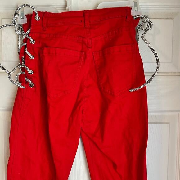 Blue Topic Women Red Jeans Tie Up Sides Size Medium Sparkle Laces - Picture 5 of 8